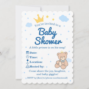 Invitation de Baby Shower Couronne Bleue & Or pour
