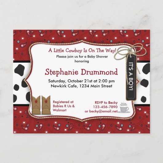 Invitation de Baby shower Cowboy dans la Bandana R (Devant)