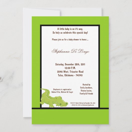 Invitation de Baby shower d'Aligator vert électriq (Devant)