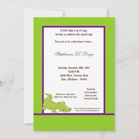 Invitation de Baby shower d'Aligator vert électriq (Devant)