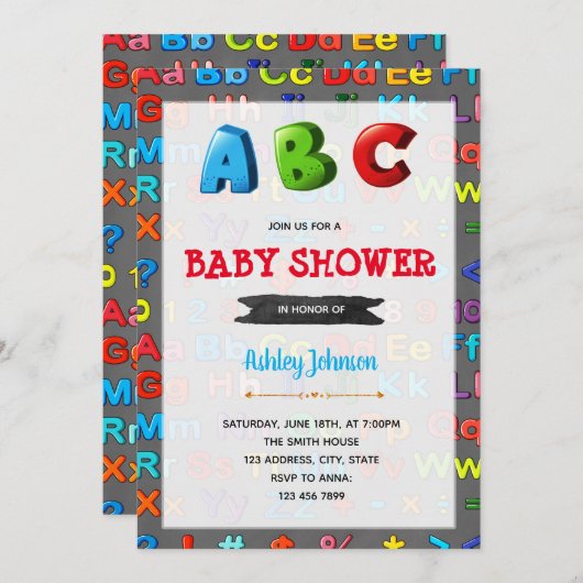 Invitation de baby shower d'alphabets (Devant / Derrière)