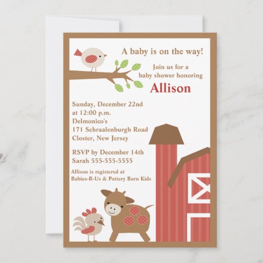 Invitation de baby shower d'animaux de basse-cour (Devant)