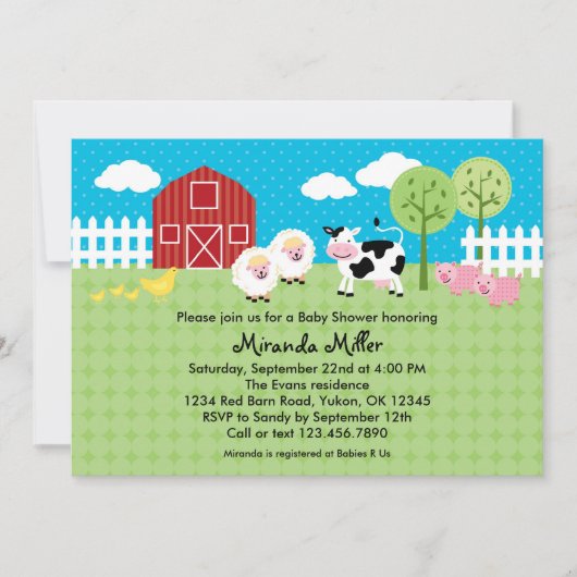 Invitation de baby shower d'animaux de grange (Devant)