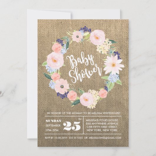 Invitation de Baby shower d'aquarelle de Burlap ru (Devant)