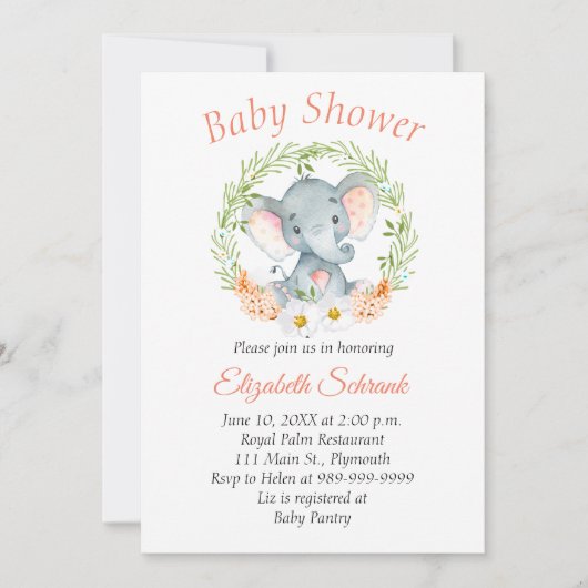 Invitation de baby shower d'aquarelle d'éléphant (Devant)