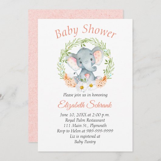 Invitation de baby shower d'aquarelle d'éléphant (Devant / Derrière)