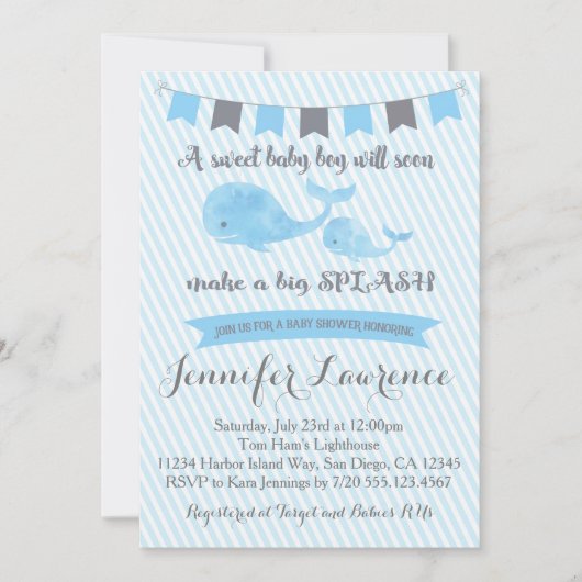 Invitation de baby shower de baleine (Devant)