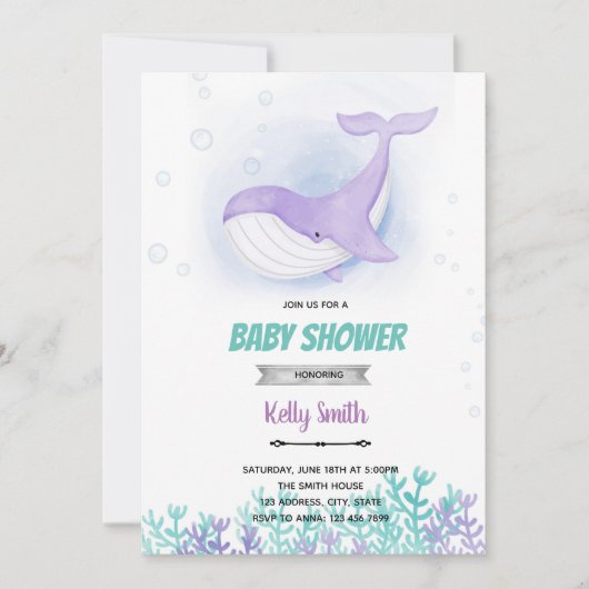 Invitation de baby shower de baleine (Devant)