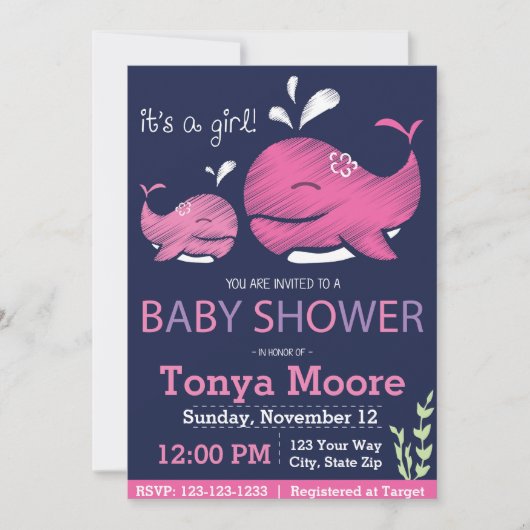 Invitation de Baby shower de baleine (fille) (Devant)
