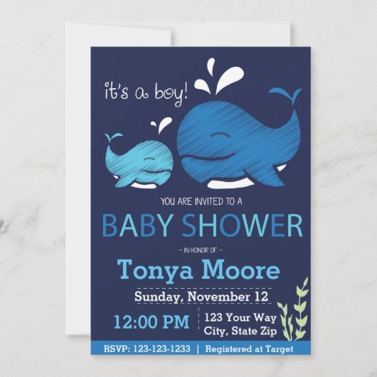 Invitation de baby shower de baleine (garçon) (Devant)