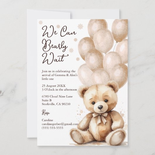 Invitation de Baby shower de ballon d'ours (Devant)
