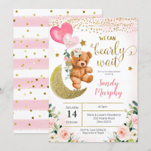 Invitation de Baby shower de ballon rose ours Tedd