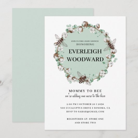 Invitation de Baby Shower de Bébé Abeille Vert Men (Devant / Derrière)