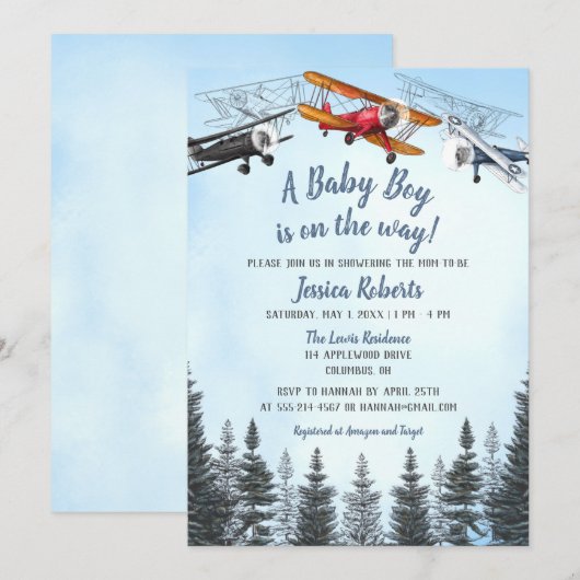 Invitation de Baby shower de bébé garçon d'avion v (Devant / Derrière)