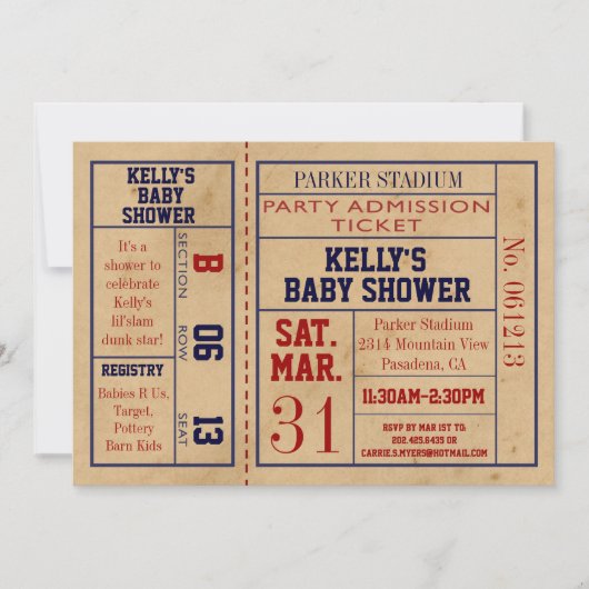 Invitation de baby shower de billet de sports de (Devant)