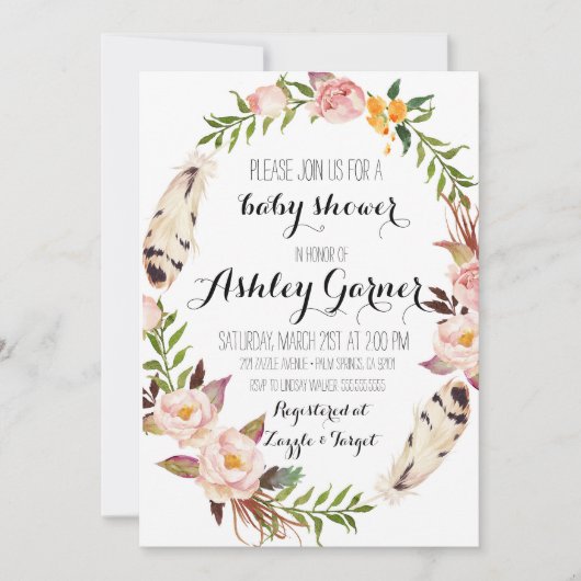 Invitation de baby shower de Boho, plume, fleur (Devant)
