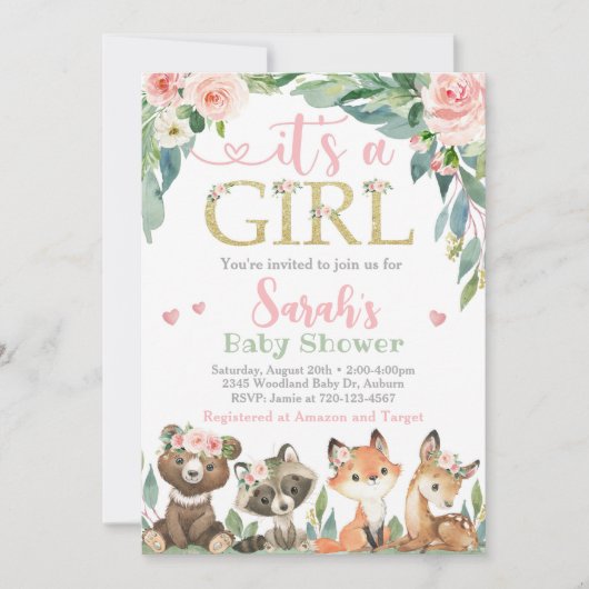 Invitation de Baby shower de bois, C'est une fille (Devant)