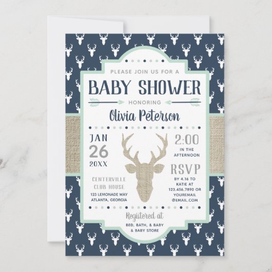 Invitation de Baby shower de bois, Marine, Burlap (Devant)