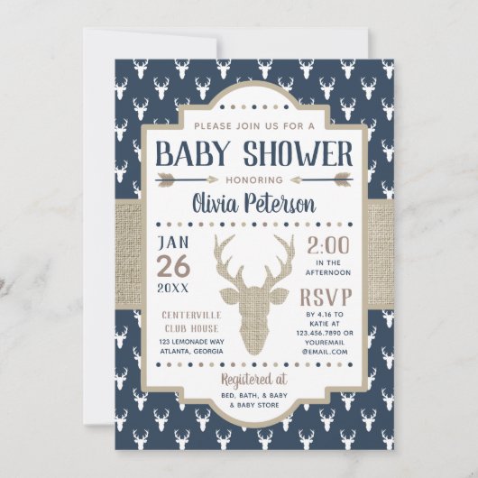 Invitation de Baby shower de bois, Marine, Burlap (Devant)