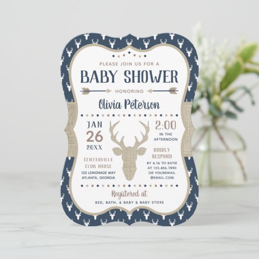 Invitation de Baby shower de bois, Marine, Burlap (Debout devant)