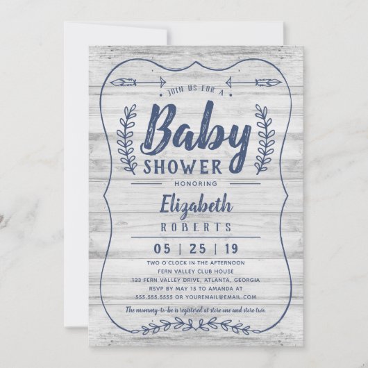 Invitation de Baby shower de bois rustique, Gris (Devant)
