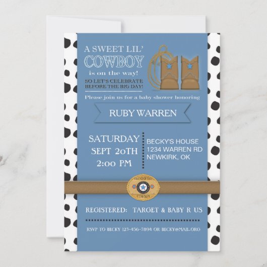 Invitation de baby shower de bottes de cowboy (Devant)