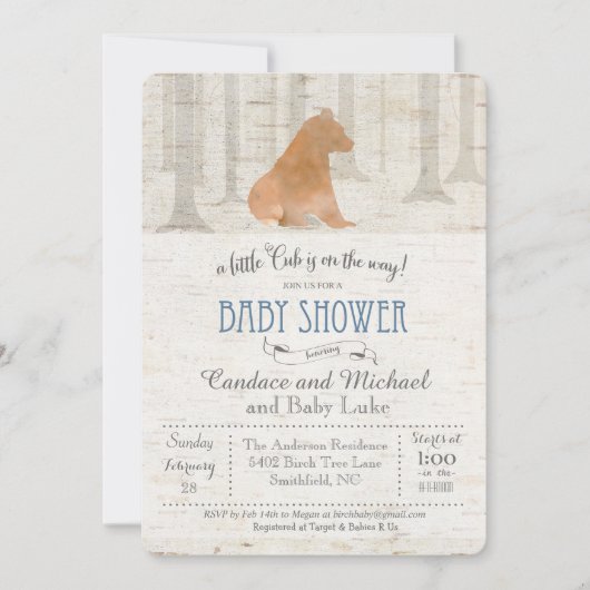 Invitation de baby shower de bouleau de CUB d'ours (Devant)