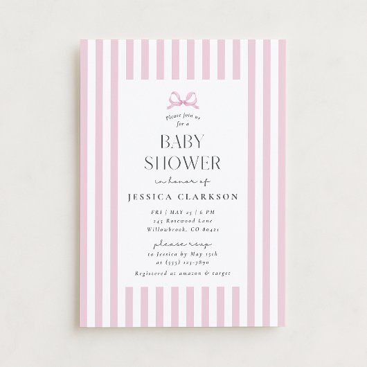 Invitation de Baby shower de Bow rayé rose