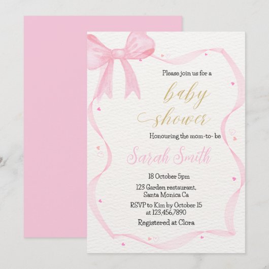 Invitation de Baby shower de Bow rose (Devant / Derrière)
