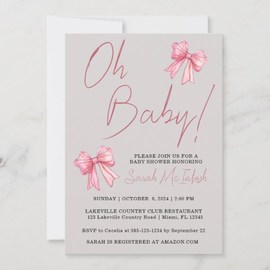 Invitation de Baby shower de Bow rose (Devant)