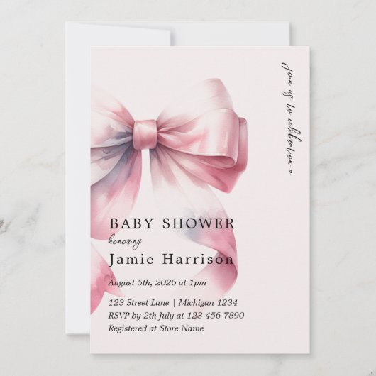 Invitation de Baby shower de Bow rose Aquarelle mo (Devant)