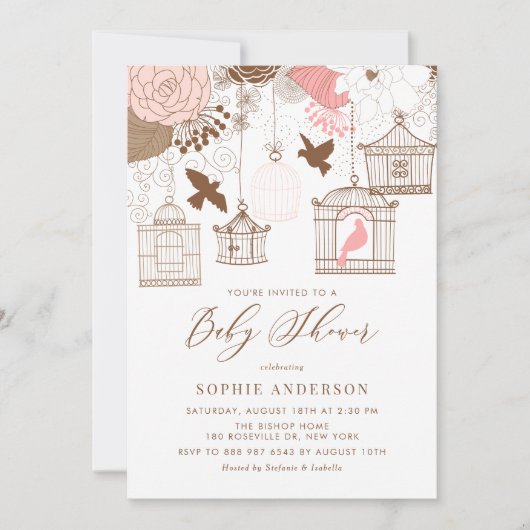 Invitation de Baby shower de cages blanches roses (Devant)