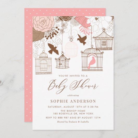 Invitation de Baby shower de cages blanches roses (Devant / Derrière)