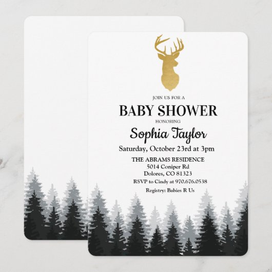 Invitation de Baby Shower de cerf de forêt d'arbre (Devant / Derrière)