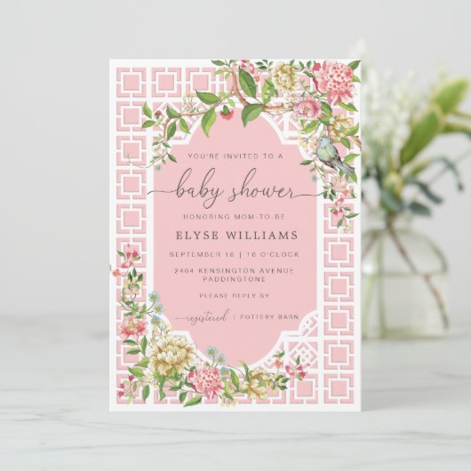 Invitation de Baby shower de Chinoiserie rose - Tr (Debout devant)