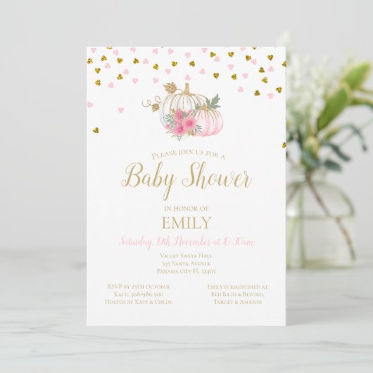 Invitation de Baby shower de Citrouille rose et or (Debout devant)
