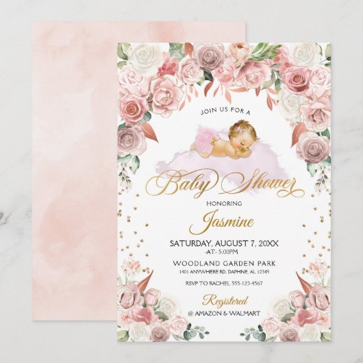 Invitation de Baby shower de couchage rose (Devant / Derrière)