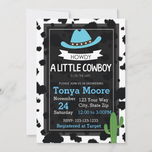Invitation de baby shower de cowboy (bleue) (Devant)