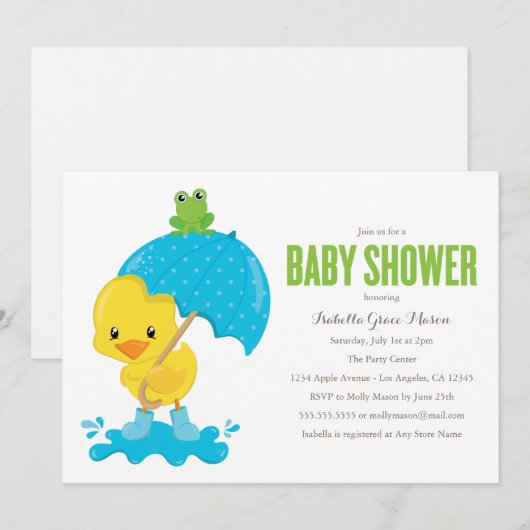 Invitation de Baby shower de Cute Duckie (Devant / Derrière)