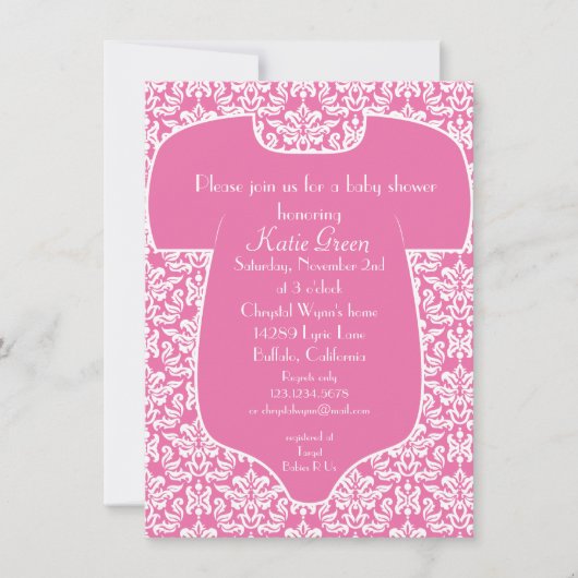 Invitation de baby shower de damassé - rose (Devant)