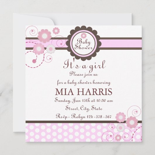 Invitation de Baby shower de design floral rose et (Devant)
