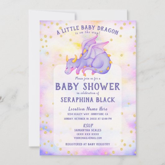 Invitation de Baby shower de dragon mou violet (Devant)