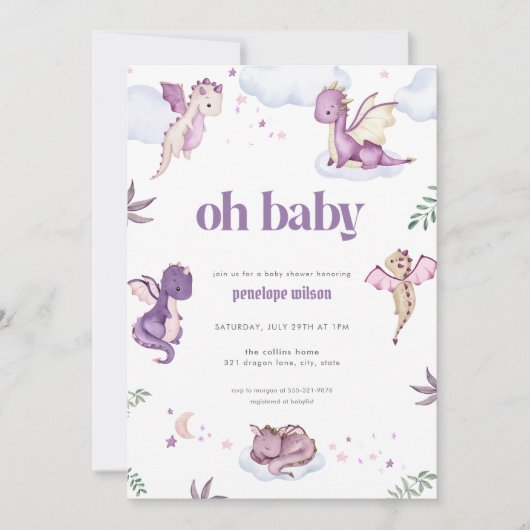 Invitation de Baby shower de dragon mythique viole (Devant)