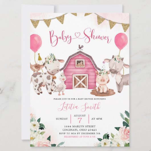 Invitation de Baby shower de ferme rose fille (Devant)