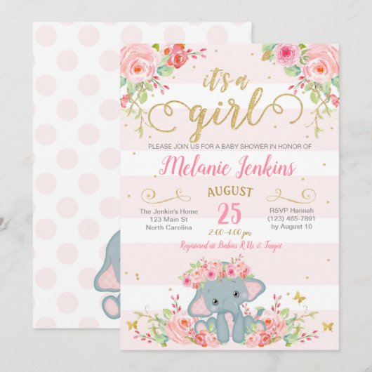 Invitation de baby shower de fille, baby shower (Devant / Derrière)