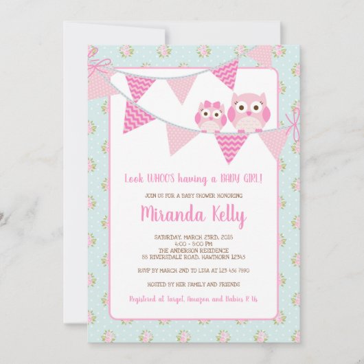 Invitation de baby shower de fille de hibou, chic (Devant)