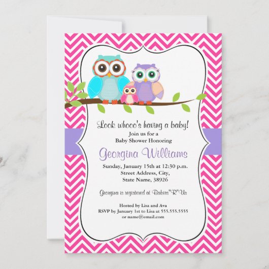 Invitation de Baby shower de fille de la chouette  (Devant)