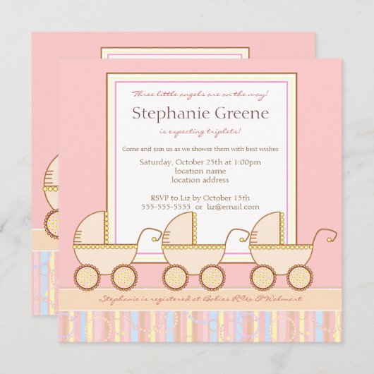Invitation de baby shower de fille de triplet de (Devant / Derrière)