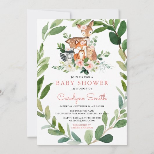 Invitation de Baby shower de fille de Woodland Bab (Devant)