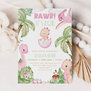 Invitation de Baby shower de fille DINOSAUR, Pink 